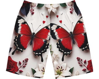 Roter Schmetterling Floral Board Shorts | Herren Strand Badehose