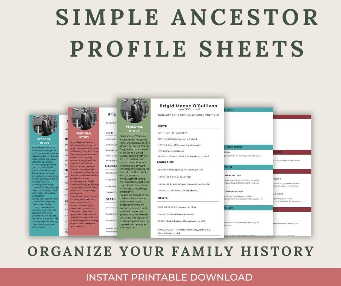 Ancestor Profile Sheets | Easy Customizable Template for Genealogy and ...