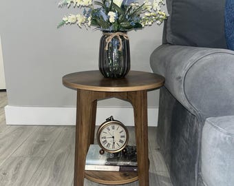 Mid Century Round Side Table, 2 Tier End Table, Small Nightstand with Shelf, Modern Accent Table, Bedside Table for Living Room Bedroom