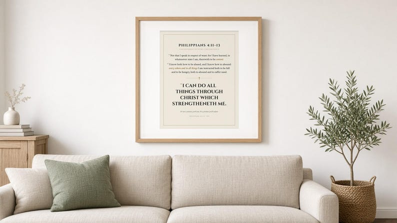 May include: A framed wall art print featuring the text of Philippians 4:11-13 in black serif font on a cream background. The print includes the verse text and the prominent quote, I CAN DO ALL THINGS THROUGH CHRIST WHICH STRENGTHENETH ME.