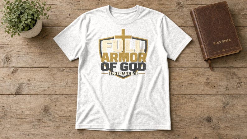 May include: A white short-sleeve t-shirt featuring a graphic design of a shield with a cross at the top. The text reads FULL ARMOR OF GOD and EPHESIANS 6:11 in gold and dark gray lettering centered on the front of the garment.