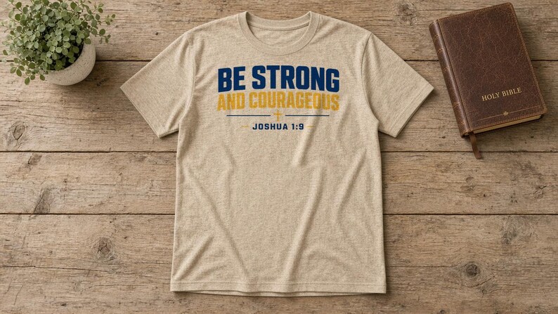 May include: A heather beige short-sleeve t-shirt featuring the dark blue and yellow text BE STRONG AND COURAGEOUS with a small cross symbol and the text JOSHUA 1:9 printed in dark blue on the front centre of the garment.