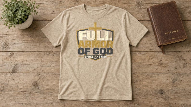 May include: A heathered beige short-sleeve t-shirt featuring a graphic of a shield with a cross and the text "FULL ARMOR OF GOD EPHESIANS 6:11" in gold and dark gray lettering centered on the chest.