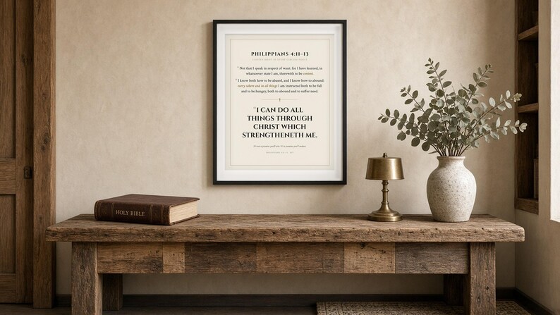 May include: A framed wall art print featuring the Bible verse Philippians 4:11-13 with the text I CAN DO ALL THINGS THROUGH CHRIST WHICH STRENGTHENETH ME in black lettering on a cream background, displayed in a simple black frame.