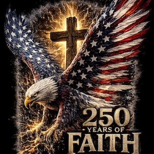 May include: An illustration featuring an American bald eagle with wings designed as the American flag, and a wooden cross. Text reads "250 Years of Faith" and "1776-2026, In God We Trust."