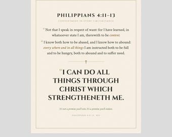 Philippians 4:11-13 Printable Wall Art, I Can Do All Things Bible Verse Poster, Christian Scripture Print, Contentment Digital Download