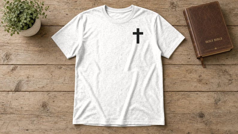 May include: A white short-sleeved t-shirt featuring a small black cross graphic printed on the upper left chest area. The shirt has a crew neckline and a heathered texture, providing a simple and clean appearance for this casual garment.