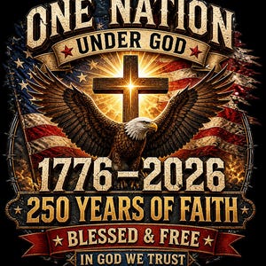 May include: A design with an eagle, cross, and American flag, with text including "One Nation Under God," "1776-2026," "250 Years of Faith," "Blessed & Free," and "In God We Trust." The design is patriotic in theme.