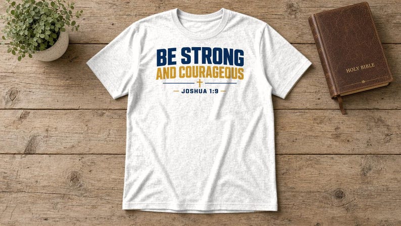 May include: A white short-sleeve t-shirt featuring the dark blue and gold text BE STRONG AND COURAGEOUS with a small cross symbol and the text JOSHUA 1:9 printed in dark blue on the front centre of the garment.
