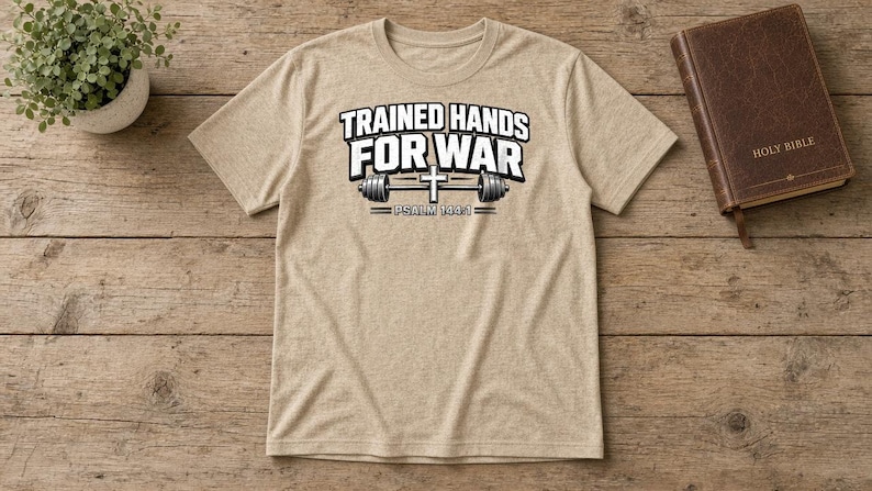 Puede incluir: Una camiseta de manga corta en color beige jaspeado con el texto en blanco y negro TRAINED HANDS FOR WAR, un gr&aacute;fico de una barra de pesas con una cruz en el centro y el texto PSALM 144:1 impreso en el pecho.