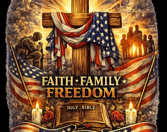 May include: An artistic rendering featuring a wooden cross draped with an American flag. The image includes an eagle, the text "One Nation Under God," and the words "Faith, Family, Freedom." Additional elements include an open Bible, candles, and the years 1776 and 2026.