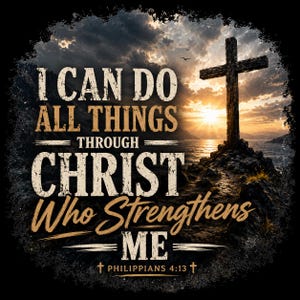 May include: A circular graphic design featuring a dark, textured border. The image displays a wooden cross atop a rocky hill overlooking a sunset over the ocean. The text reads: I CAN DO ALL THINGS THROUGH CHRIST Who Strengthens ME PHILIPPIANS 4:13.
