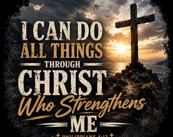 Può includere: Un design grafico circolare con un bordo scuro e strutturato. L'immagine mostra una croce di legno su una collina rocciosa che si affaccia su un tramonto sull'oceano. Il testo recita: I CAN DO ALL THINGS THROUGH CHRIST Who Strengthens ME PHILIPPIANS 4:13.