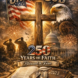 May include: A patriotic illustration with an American flag, a wooden cross, and an eagle. The text reads "One Nation Under God" and "250 Years of Faith Blessed & Free." Includes an open Bible and military dog tags.