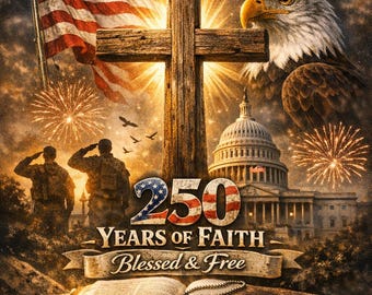 May include: A patriotic illustration featuring an American flag, a wooden cross, and an eagle. The text reads "One Nation Under God" and "250 Years of Faith Blessed & Free." Includes an open Bible and military dog tags.