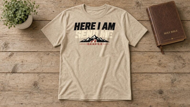 Pu&ograve; includere: Una t-shirt a maniche corte color beige m&eacute;lange con il testo in bianco e nero "HERE I AM SEND ME" sopra un grafico di montagne nere con un sentiero rosso, e il testo "ISAIAH 6:8" sottolineato in rosso sotto il grafico.