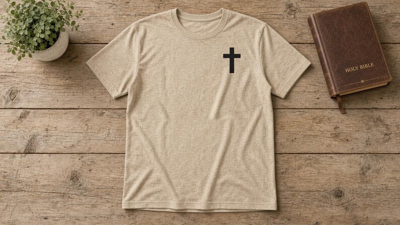 May include: A heathered beige short-sleeve t-shirt featuring a simple black cross graphic printed on the upper left chest area. The shirt has a crew neckline and a standard fit, showcasing a neutral tone and a clean, minimalist design.