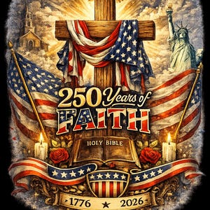 Può includere: Un design patriottico con una croce di legno drappeggiata con una bandiera americana, la Statua della Libertà e un'aquila. Il testo recita "In God We Trust" e "250 Years of Faith". Include gli anni 1776 e 2026.