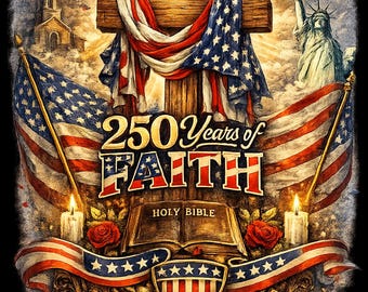 May include: A patriotic design featuring a wooden cross draped with an American flag, the Statue of Liberty, and an eagle. The text reads "In God We Trust" and "250 Years of Faith" with the years 1776-2026. Includes a church, candles, and roses.
