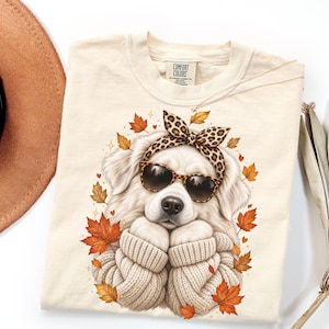 May include: A cream-colored t-shirt featuring a graphic of a fluffy white dog wearing leopard print sunglasses and a matching headband. The dog is dressed in a beige cable-knit sweater, surrounded by orange and brown autumn maple leaves.