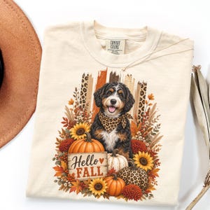 May include: A cream-colored t-shirt with a graphic print featuring a Bernedoodle dog wearing a leopard print bandana. The design includes orange pumpkins, sunflowers, autumn leaves, and a wooden sign with the text Hello Fall in brown.