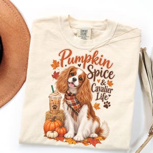 May include: A cream-colored t-shirt featuring a graphic of a Cavalier King Charles Spaniel wearing a plaid scarf, sitting next to a pumpkin spice latte and pumpkins. The text reads Pumpkin Spice & Cavalier Life, surrounded by autumn leaves.