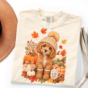 May include: A cream-colored t-shirt featuring a graphic of a brown puppy wearing a tan knit beanie and boots. The design includes pumpkins, autumn leaves, a sign reading Pumpkin Patch, and a mug with the text hello fall in a festive setting.