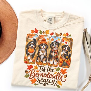 May include: A cream-colored t-shirt featuring a graphic of four Bernedoodle puppies in autumn settings, including pumpkins, leaves, and acorns. The text reads 'Tis the Bernedoodle Season' in brown script, with a Comfort Colors brand label at the neck.