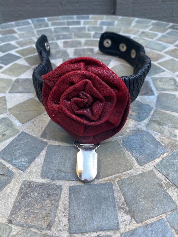 Black Leather Garter With Red Leather Rose. Gothic