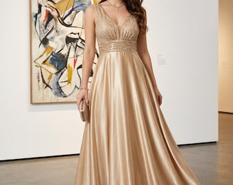 Sequin Evening Gown, Sleeveless V-Neck Formal Maxi Dress
