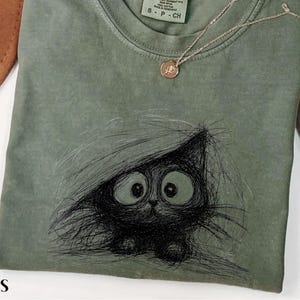 Comfort Colors® Scaredy Cat Peeking Graphic T-Shirt, Cute Scribble Feline Tee, Anxious Kitten Lover Gift, Whimsical Animal Art Top