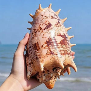 May include: A large seashell with a spiky exterior and a patterned surface of tan and brown hues. The shell is held against a backdrop of a blue sky and ocean, showcasing its natural beauty.