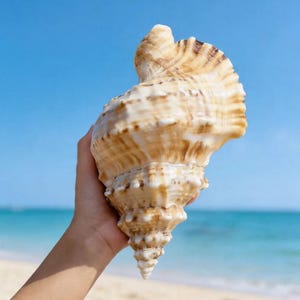 Op de afbeelding: Een grote, spiraalvormige zeeschelp met een crème- en bruintint. De schelp wordt vastgehouden tegen een achtergrond van een blauwe lucht en oceaan, wat een strandsetting suggereert. De textuur en vorm van de schelp zijn prominent.