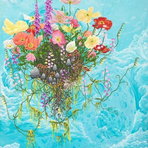 May include: An original painting featuring a vibrant bouquet of flowers and mushrooms against a light blue, cloudy background. The flowers include poppies, foxgloves, and other colorful blooms. The artwork has a surreal, dreamlike quality.