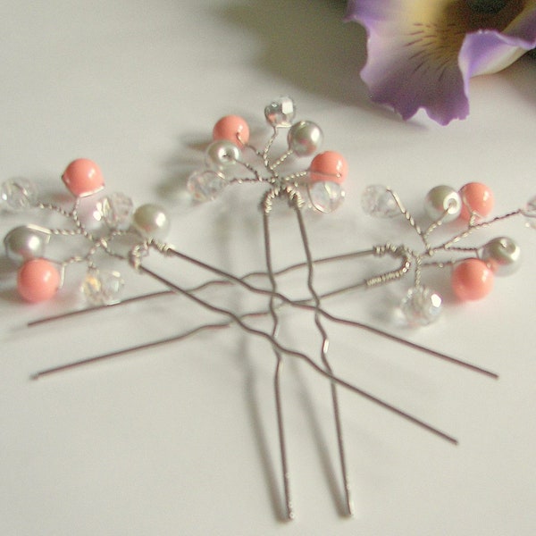 Pink Coral Silver Gray and Clear Crystal Hair PIN, Tropical Wedding Hair Pin, Mother of the Bride  Bridesmaids Flower Girl gift  One Pin