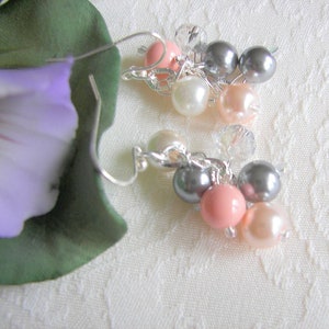 Coral Pearl Cluster Earrings: Gray & Pink Crystal Dangle Earrings