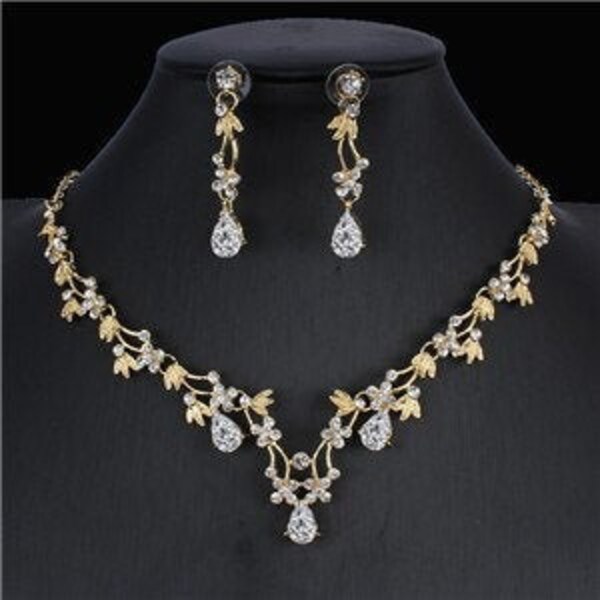 Bridal Necklace and Earring Set, CZs and Tiny Gold Leaves Dainty Wedding Jewelry Y necklace for Maid of Honor Mother of the Bride/Groom Gift