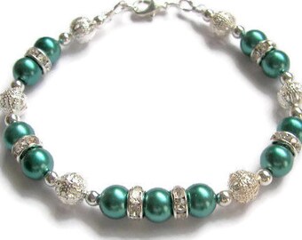 Teal Pearl Bracelet: Silver Rhinestone Beaded Wedding Jewelry