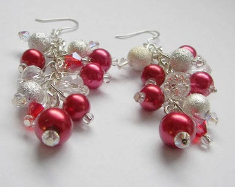 Red Pearls Silver Stardust and Crystal Dangling Earrings, Gift for Mom or Daughter Christmas Gift for Her Christmas Pearl Cluster Earrings