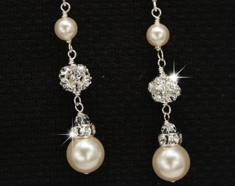 Long Pearl and Rhinestone Fireball Dangle Earrings, Lever back Pearl Drop Earrings, Bridal Earrings, Wedding Earrings Choice of Pearl Colors