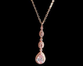 Rose Gold CZ teardrop Pendant Necklace Bridal Necklace Wedding Jewelry Bridesmaid, Mother of the Bride/Groom Victorian style Gift for Her