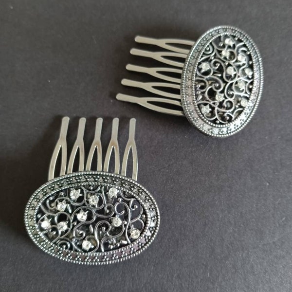 Victorian Style Hair Accessories Filigreed Silver Oval Disc Hair Jewelry Mother of the Bride/Groom Small Silver Marcasite look hair comb