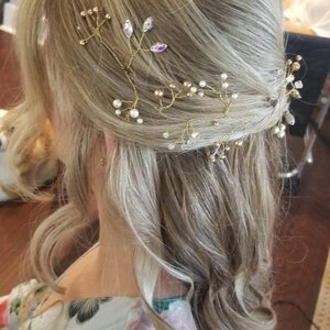 Long Bridal Hair Vine Premium Quality Crystal and Pearl Wedding Hair Accessory Custom Made Baby&#39;s Breath Hair Vine, Handmade Wedding Halo