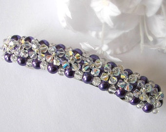 Custom Made Wedding Barrette, Woven Purple Pearl and Crystal Bridesmaid Barrette, Choice of Colors and Sizes, Gift for Mother of the Bride