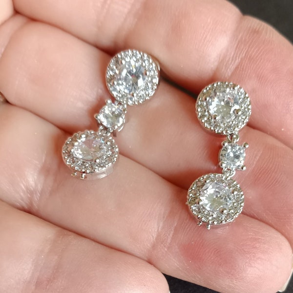 Halo Set Round CZ drop earrings, Silver CZ Bridal Earrings. 3 stone dangle earrings. CZ Bridesmaid earrings, Wedding Earrings Classic