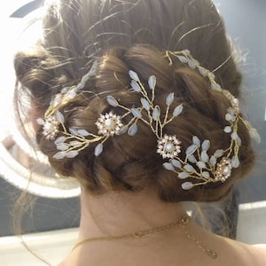 Wedding /PromHeadpiece Blue Opal Crystal and Pearl/Rhinestone Flower, Bridesmaids Flower Girl Mother of the Bride/Groom  12 Inch Gold Vine