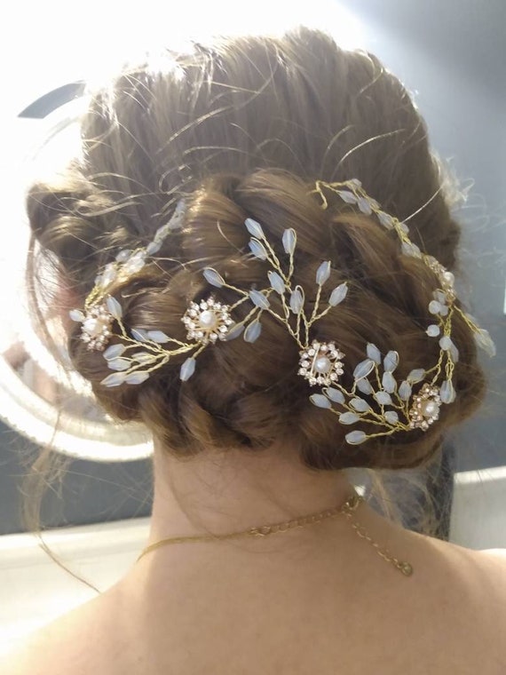 Pearl Gold and Opal Bridal Headpeice Gold Leaf Bridal Headpiece: White Opal & Pearl Halo Tiara - Etsy main image 4