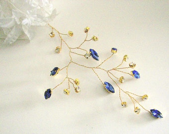 Wedding Hair Vine Blue Crystals and clear Rhinestones on Twisted Wire  "Something Blue" Hair Vine Wedding Headpiece  in Gold and Blue
