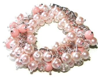 Beachy Bridal Jewelry Premium Quality Pink Coral and Blush Pink Chunky Pearl Bracelet Bridesmaid Mother of the Bride/Groom  Flower Girl Gift