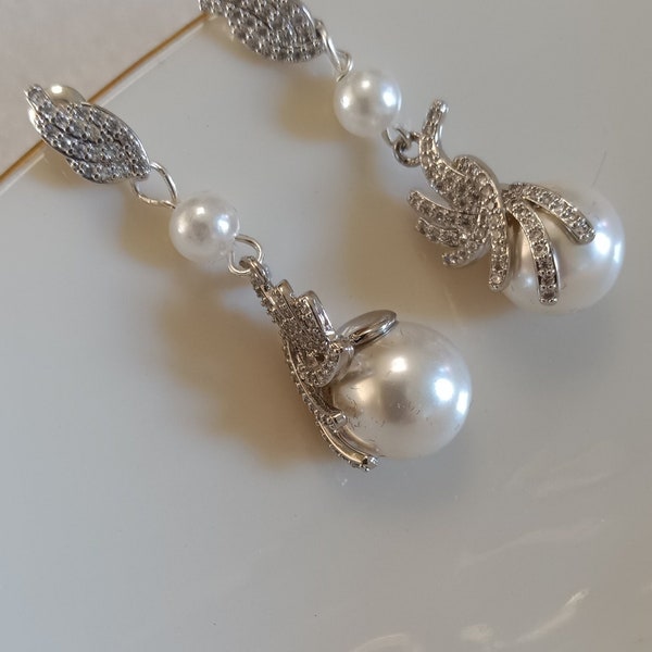 Bridal Earrings pave CZ leaves and 12 mm Pearl Drop Earrings  Art Deco CZ  White Pearl Wedding Earrings Mother of the Bride/Groom Jewelry